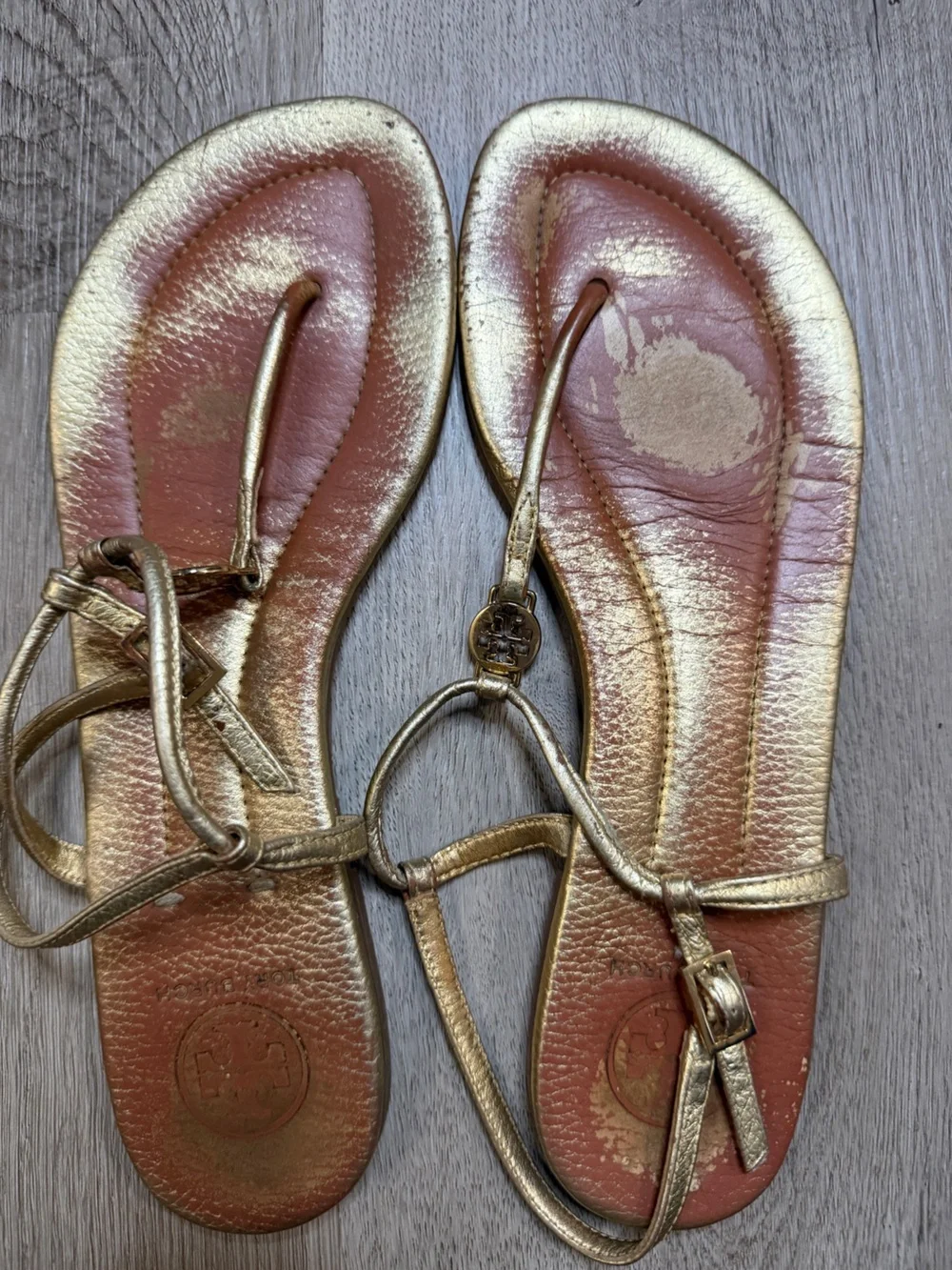 Tory Burch Metallic Gold Leather Thong Sandals with Logo Charm